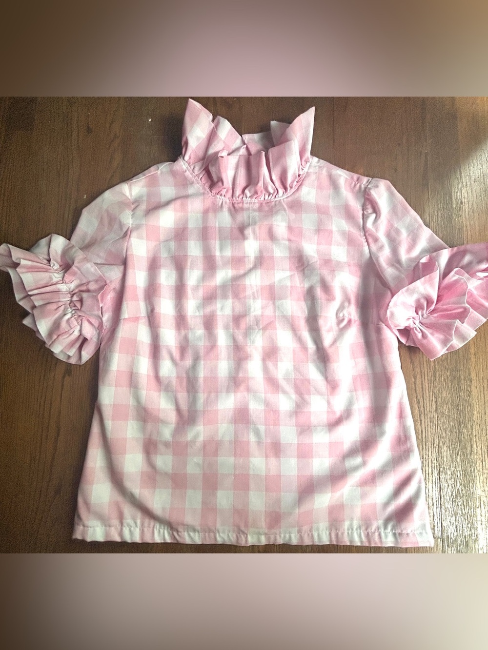 Elizabeth Wilson Ruffled Blouse pink and white check XLarge